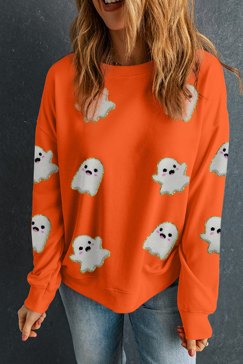 Chenille Ghost Patch Crew Neck Pullover Sweatshirt