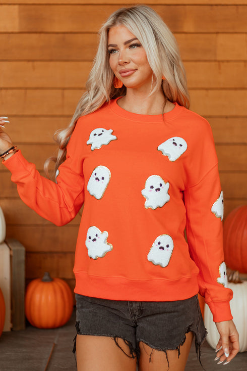 Chenille Ghost Patch Crew Neck Pullover Sweatshirt