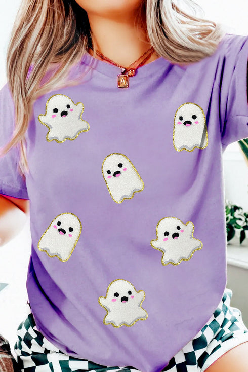 Chenille Ghost Patch Glitter Graphic Short Sleeve Tee