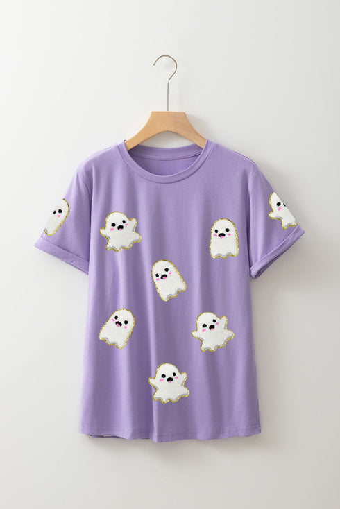 Chenille Ghost Patch Glitter Graphic Short Sleeve Tee