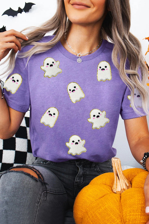 Chenille Ghost Patch Glitter Graphic Short Sleeve Tee
