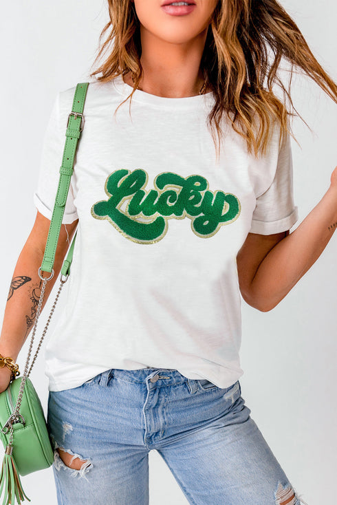 Chenille Glitter Patch Graphic Crew Neck Tee