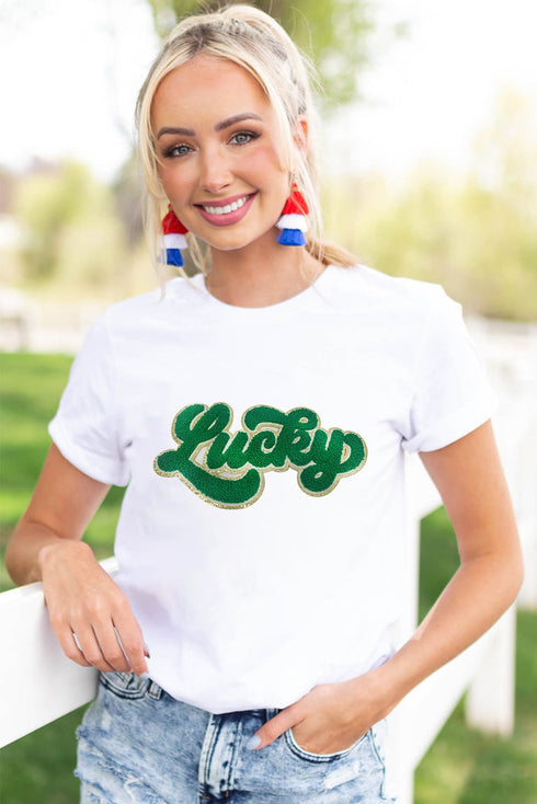 Chenille Glitter Patch Graphic Crew Neck Tee