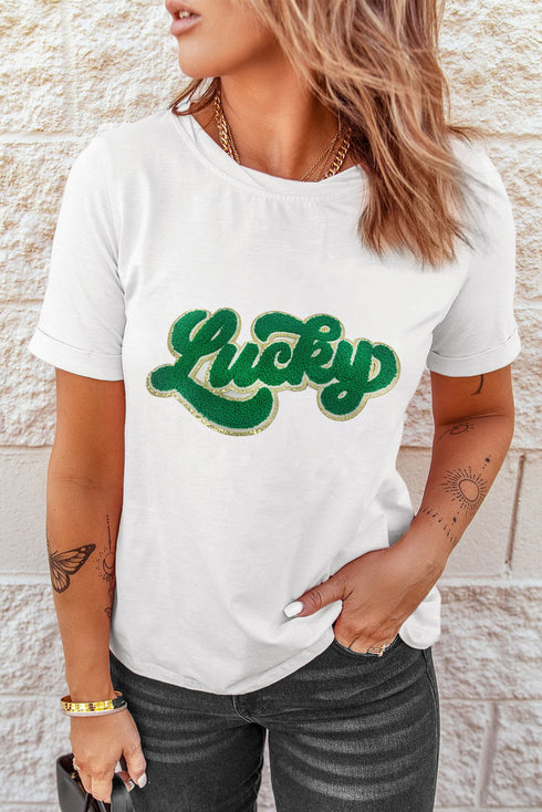 Chenille Glitter Patch Graphic Crew Neck Tee