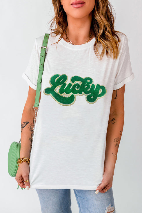Chenille Glitter Patch Graphic Crew Neck Tee