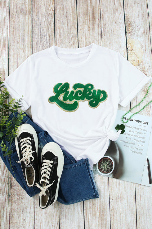 Chenille Glitter Patch Graphic Crew Neck Tee