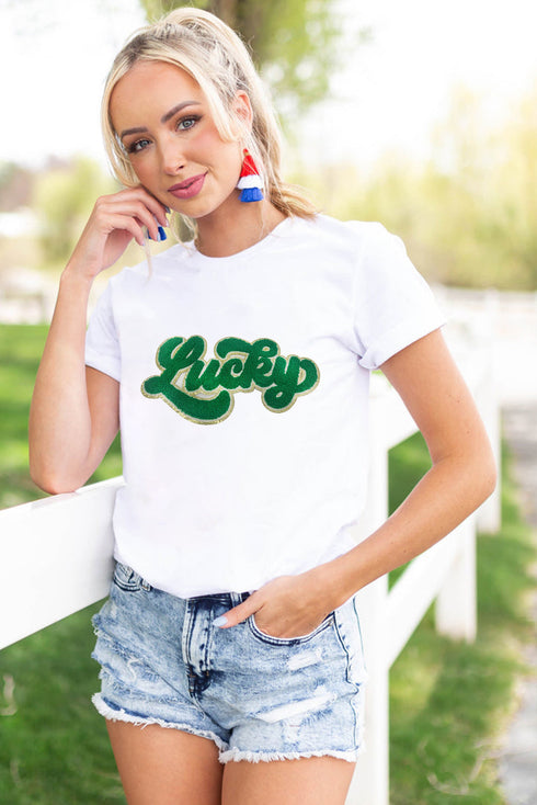 Chenille Glitter Patch Graphic Crew Neck Tee