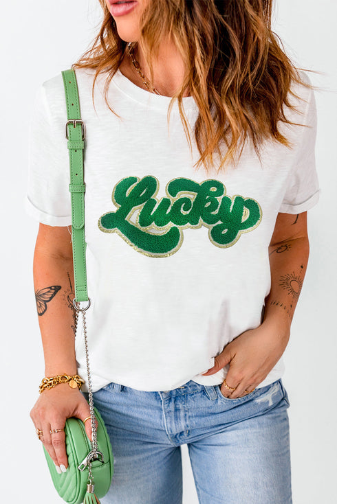 Chenille Glitter Patch Graphic Crew Neck Tee
