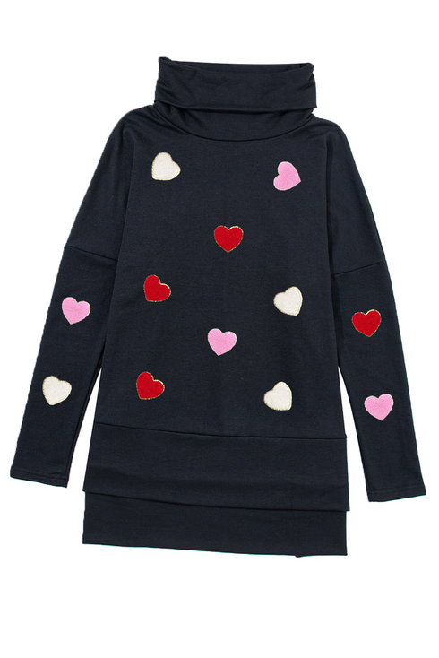 Chenille Heart Patch Dolman Sleeve High Neck Top