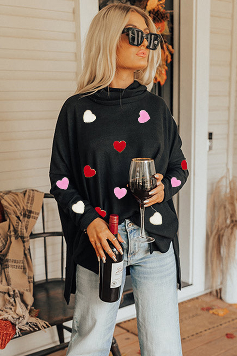 Chenille Heart Patch Dolman Sleeve High Neck Top