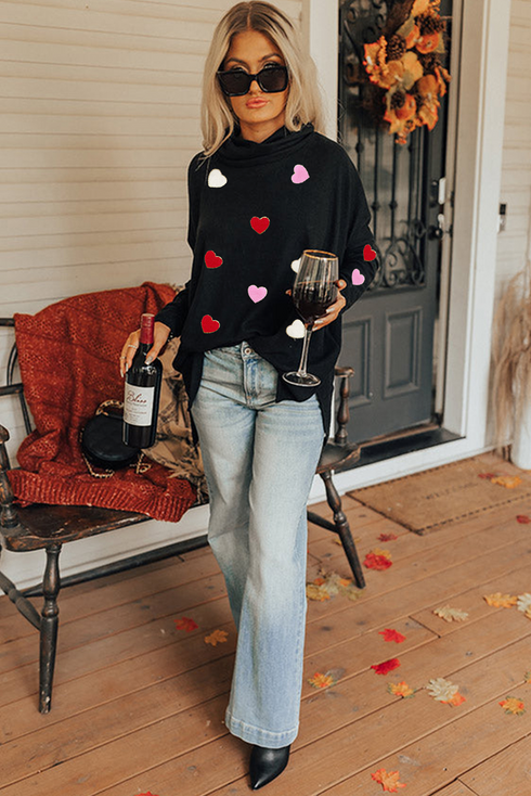 Chenille Heart Patch Dolman Sleeve High Neck Top
