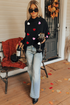 Chenille Heart Patch Dolman Sleeve High Neck Top