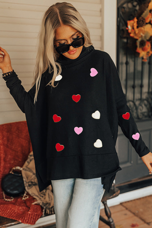 Chenille Heart Patch Dolman Sleeve High Neck Top
