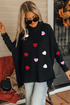 Chenille Heart Patch Dolman Sleeve High Neck Top