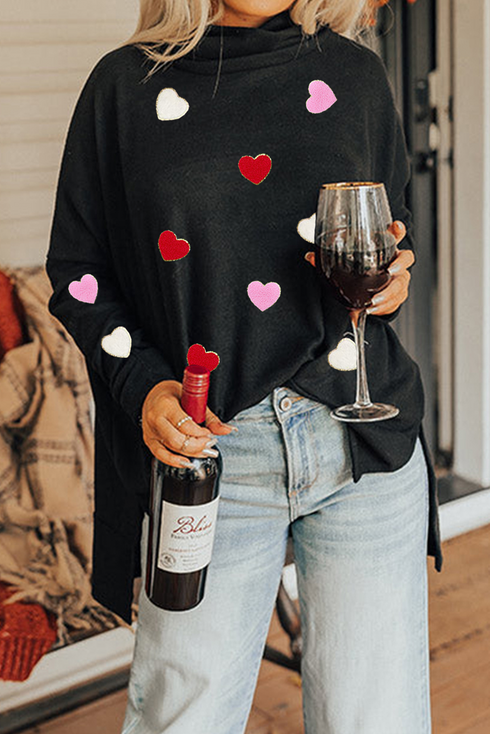 Chenille Heart Patch Dolman Sleeve High Neck Top