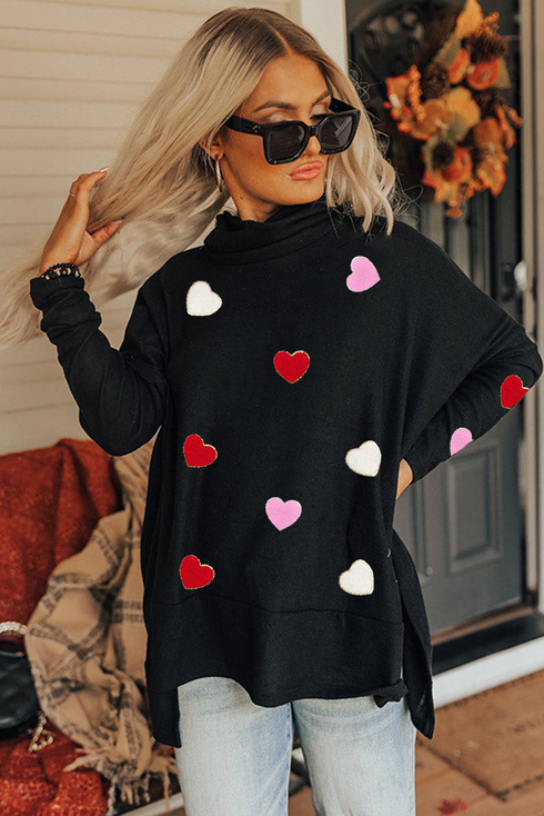 Chenille Heart Patch Dolman Sleeve High Neck Top