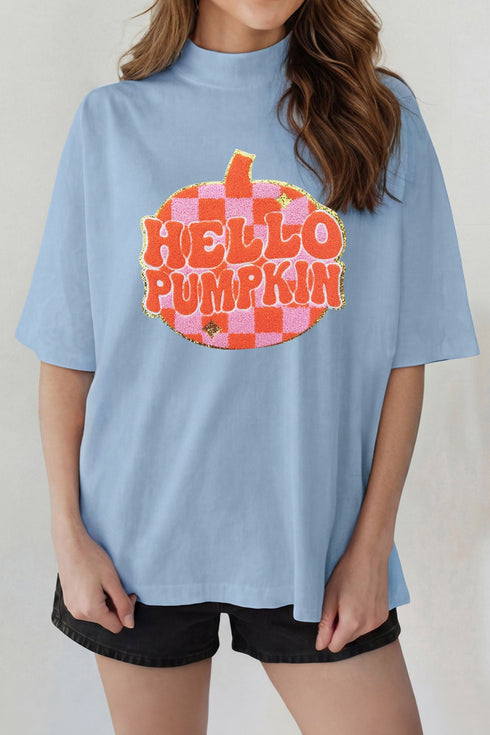 Chenille Hello Pumpkin Checkered High Neck Casual Graphic Tee
