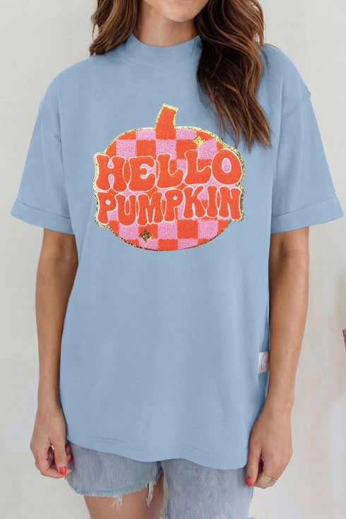 Chenille Hello Pumpkin Checkered High Neck Casual Graphic Tee