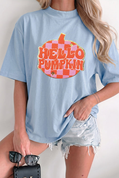 Chenille Hello Pumpkin Checkered High Neck Casual Graphic Tee