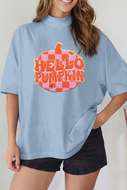 Chenille Hello Pumpkin Checkered High Neck Casual Graphic Tee