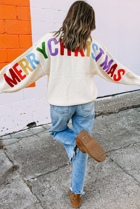Chenille Ho Ho Ho Merry Christmas Drop Shoulder Sweater
