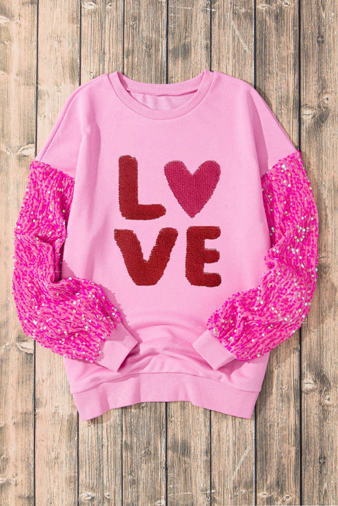 Chenille Letter Embroidered Sequin Sleeve Graphic Sweatshirt