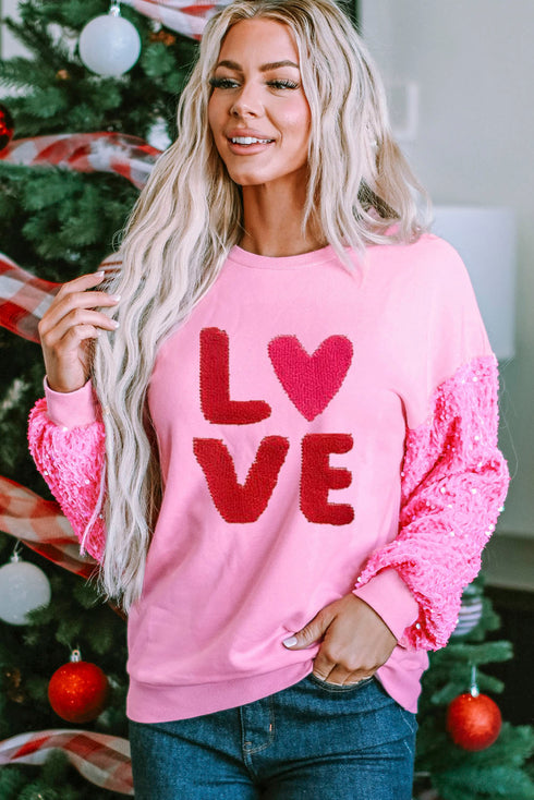 Chenille Letter Embroidered Sequin Sleeve Graphic Sweatshirt