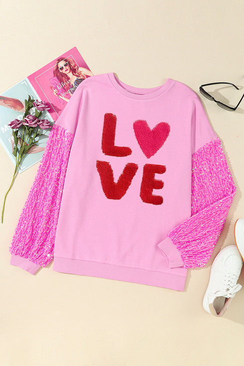 Chenille Letter Embroidered Sequin Sleeve Graphic Sweatshirt