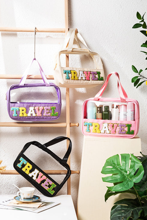 Chenille Letter Patch Clear Travel Cosmetic Makeup Bag