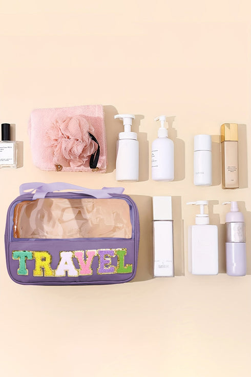 Chenille Letter Patch Clear Travel Cosmetic Makeup Bag