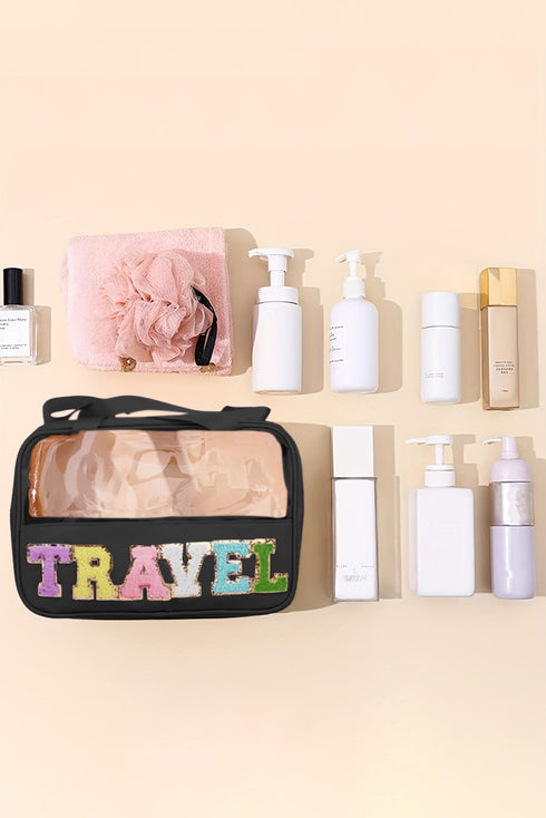 Chenille Letter Patch Clear Travel Cosmetic Makeup Bag