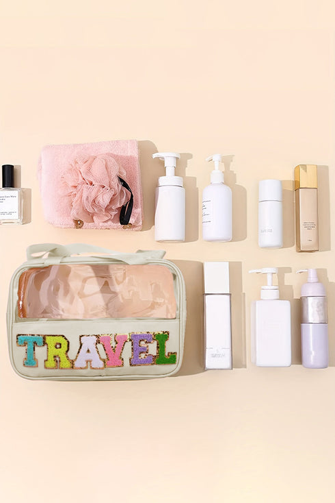 Chenille Letter Patch Clear Travel Cosmetic Makeup Bag