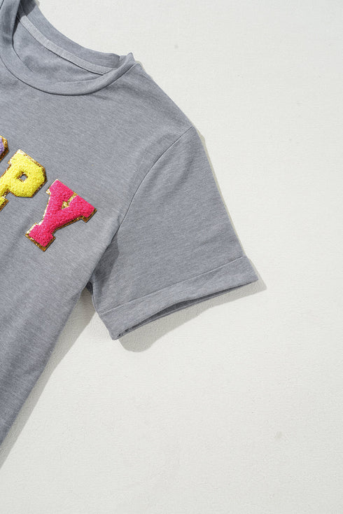Chenille Letter Patch Graphic Short Sleeve Crew Neck Tee