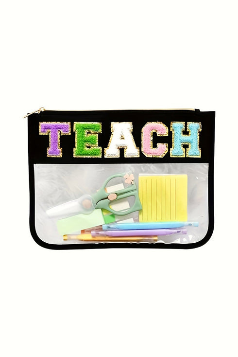 Chenille Letter Patch Transparent PVC Zippered Makeup Bag
