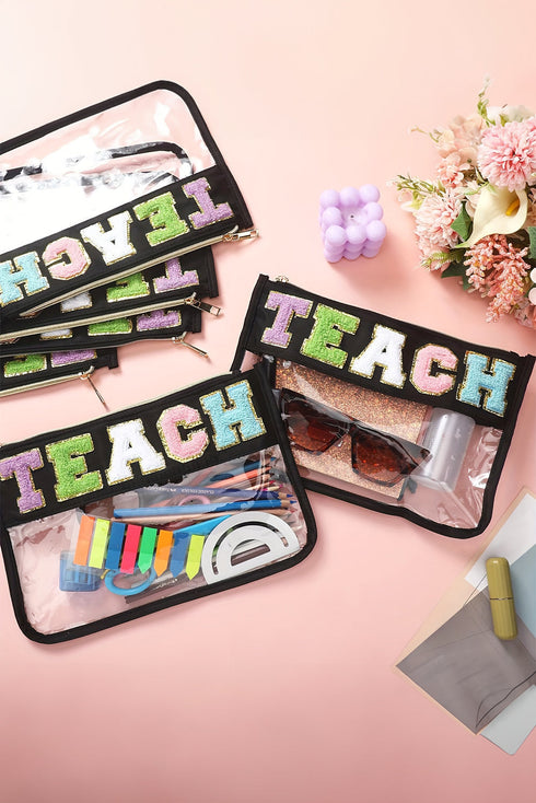 Chenille Letter Patch Transparent PVC Zippered Makeup Bag