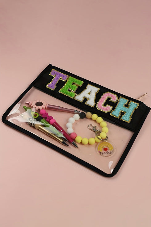 Chenille Letter Patch Transparent PVC Zippered Makeup Bag