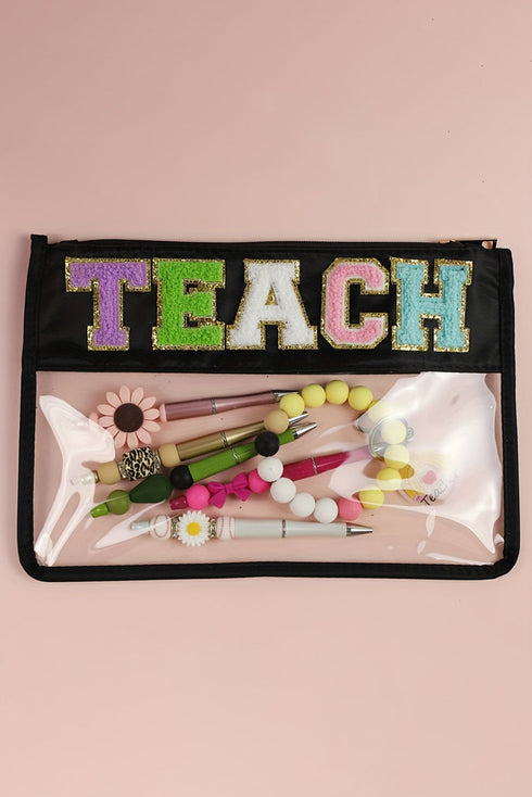 Chenille Letter Patch Transparent PVC Zippered Makeup Bag