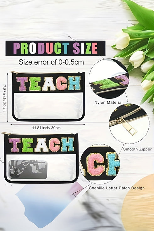 Chenille Letter Patch Transparent PVC Zippered Makeup Bag