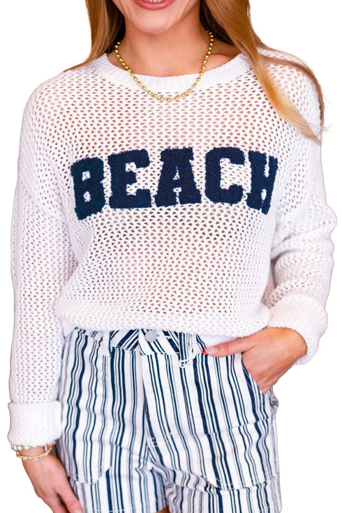 Chenille Lettering Hollow Out Knit Casual Sweater