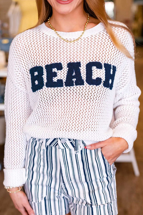 Chenille Lettering Hollow Out Knit Casual Sweater