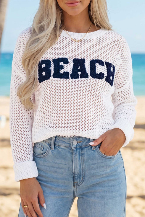 Chenille Lettering Hollow Out Knit Casual Sweater