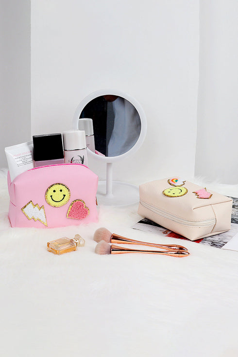 Chenille Patch Smiley Face Faux Leather Zipper Makeup Bag