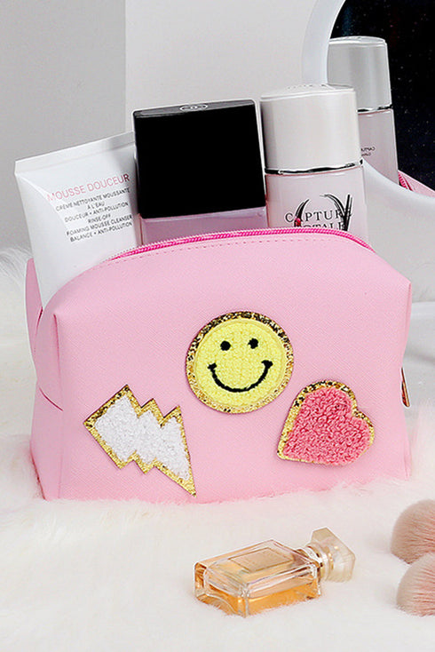 Chenille Patch Smiley Face Faux Leather Zipper Makeup Bag