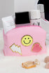 Chenille Patch Smiley Face Faux Leather Zipper Makeup Bag