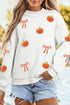 Chenille Pumpkin Sequin Bow Exposed Seam Mock Neck Sweatshirt