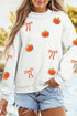 Chenille Pumpkin Sequin Bow Exposed Seam Mock Neck Sweatshirt