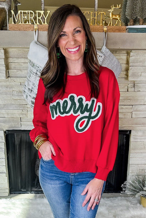 Chenille Script Patch Graphic Crew Neck Pullover Sweatshirt