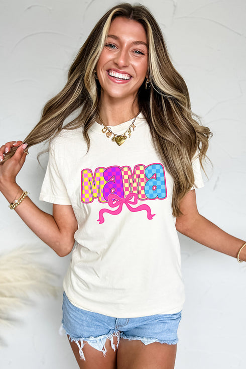 Cherished Mama Checkered Bow Graphic Print Tee Shirt