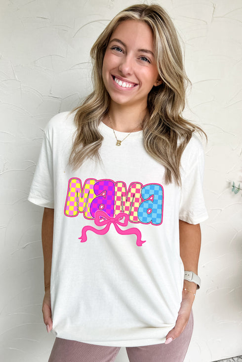 Cherished Mama Checkered Bow Graphic Print Tee Shirt