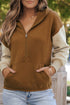 Chestnut Color Block Half Zip Kangaroo Pocketed Hoodie